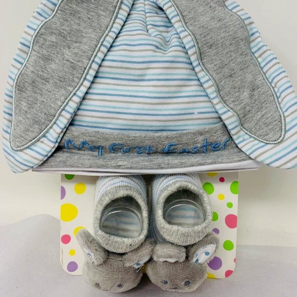 Little Me My First Easter Bunny Ear Beanie & Rattle Socks Set Blue Grey - Picture 1 of 4